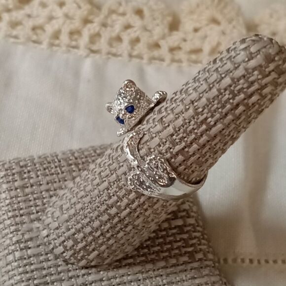 Kitty cat ring with blue crystal eyes adjustable - Picture 1 of 5